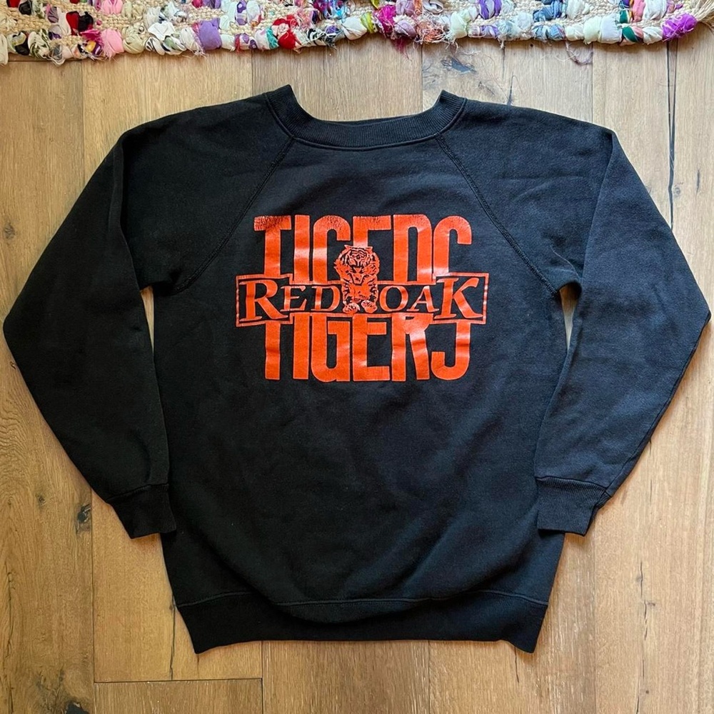 Vintage Hanes Black Crewneck with Orange Graphic Red Oak Tigers